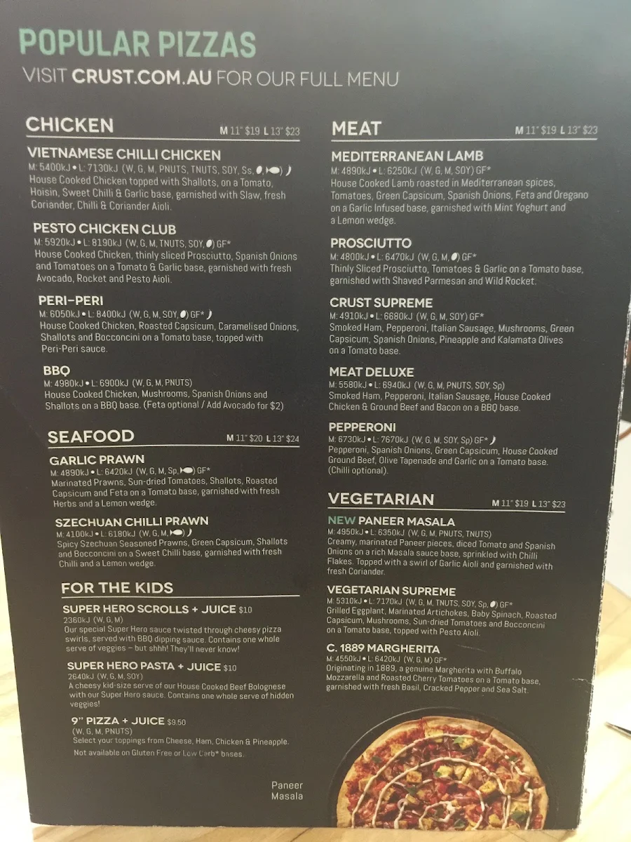 Menu, Crust pizza bar Melbourne CBD