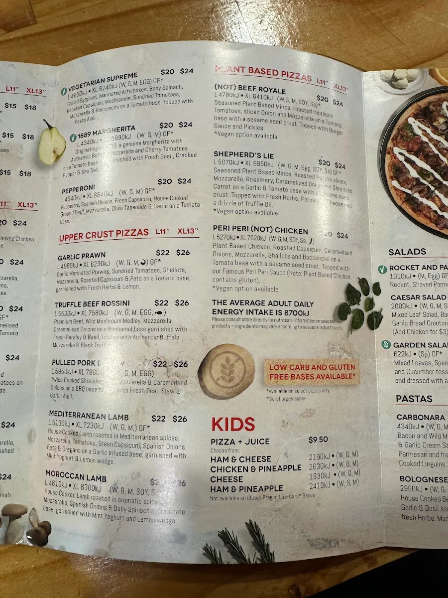 Menu, Crust pizza bar Melbourne CBD