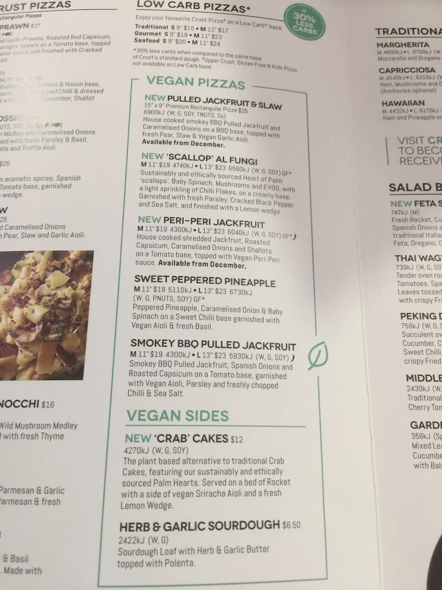 Menu, Crust pizza bar Melbourne CBD