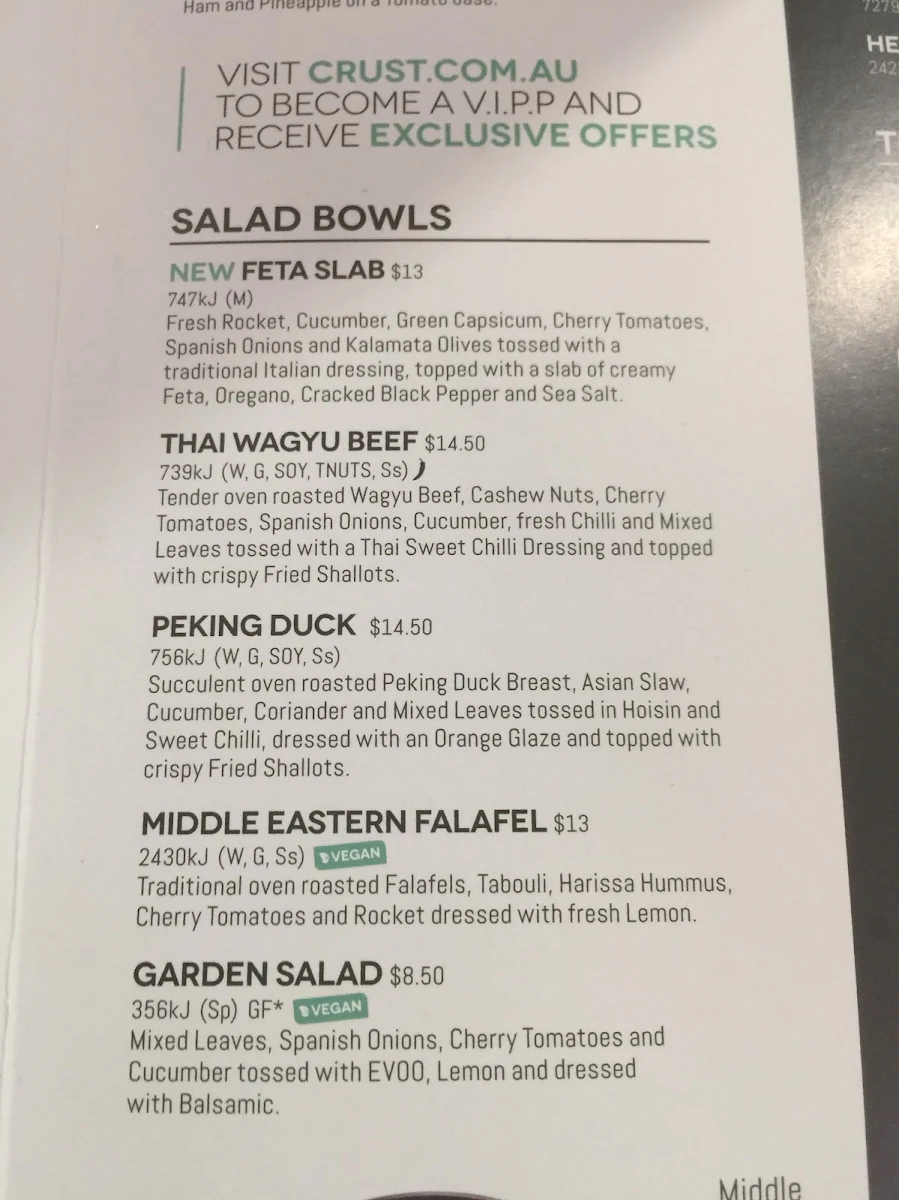 Menu, Crust pizza bar Melbourne CBD