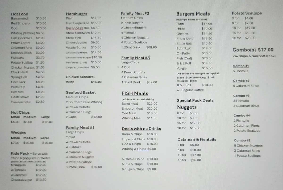 Menu, Rj's Beach Cafe & Takeaway