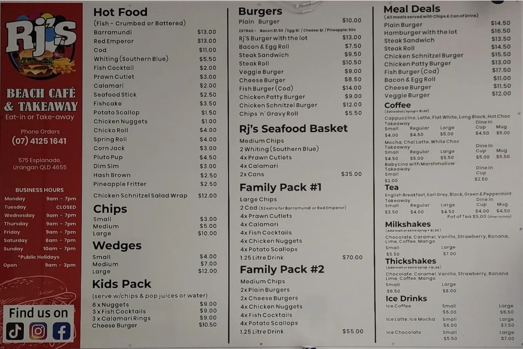Menu, Rj's Beach Cafe & Takeaway