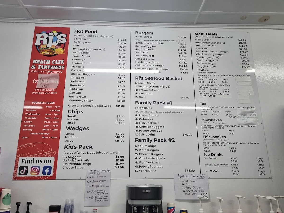 Menu, Rj's Beach Cafe & Takeaway