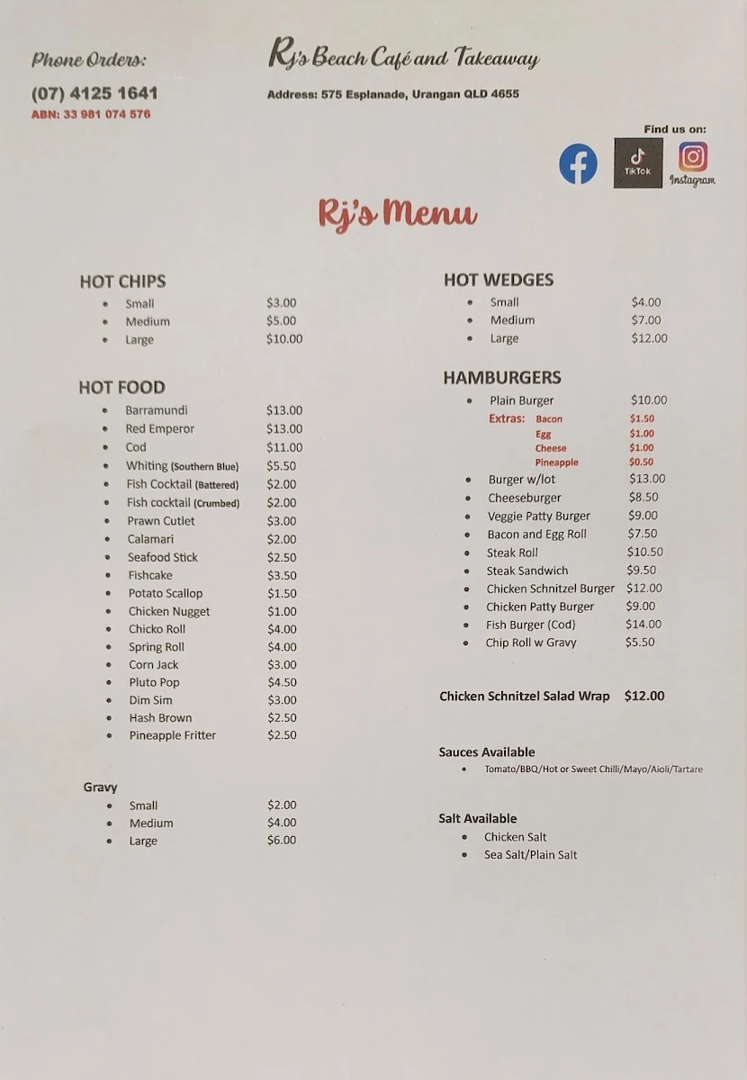Menu, Rj's Beach Cafe & Takeaway