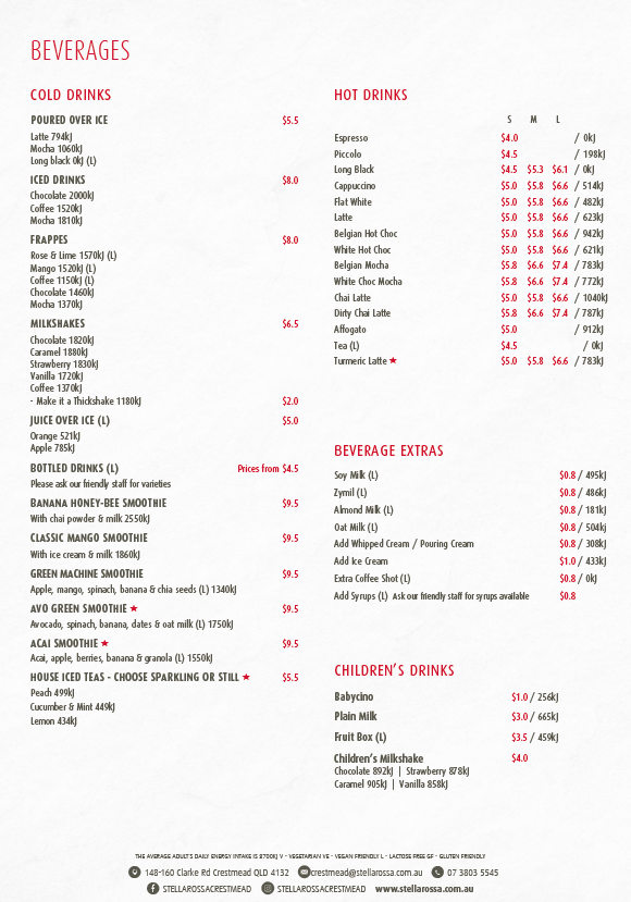 Menu, Stellarossa Crestmead (Dine In, Drive Thru and Takeaway)