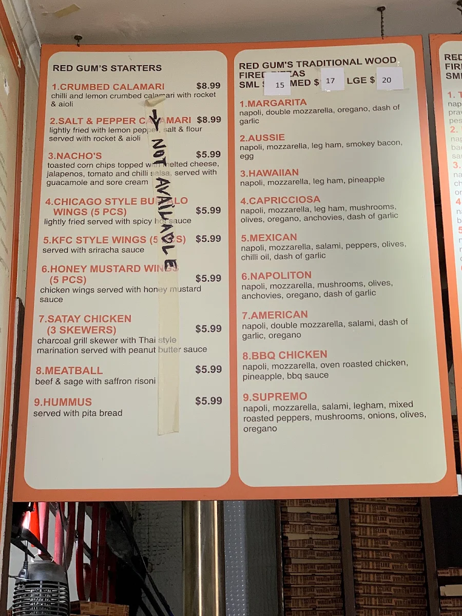 Menu, RedGum Woodfired Pizza