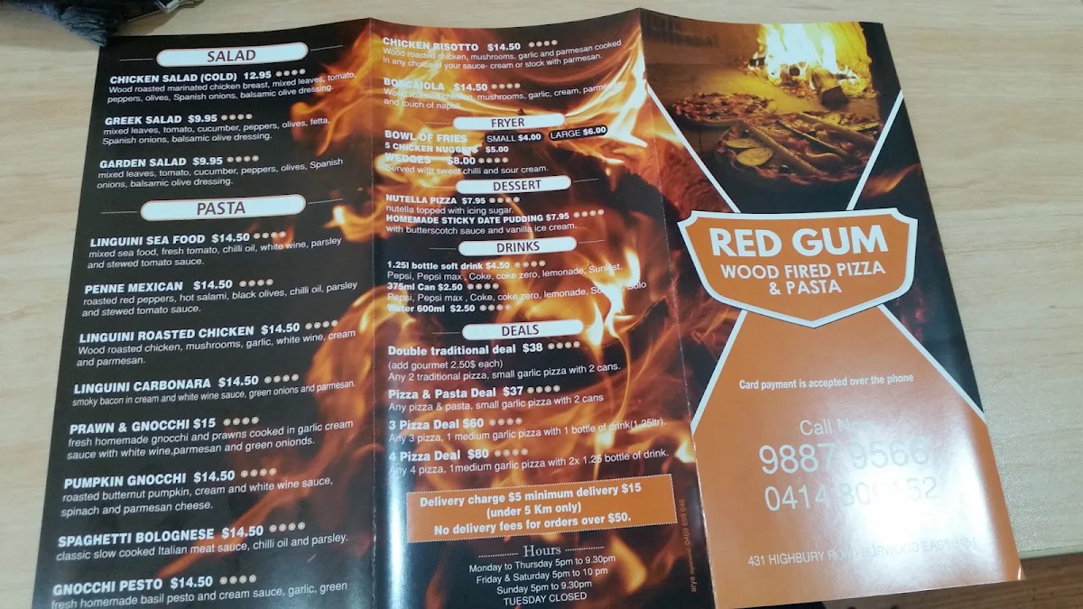 Menu, RedGum Woodfired Pizza