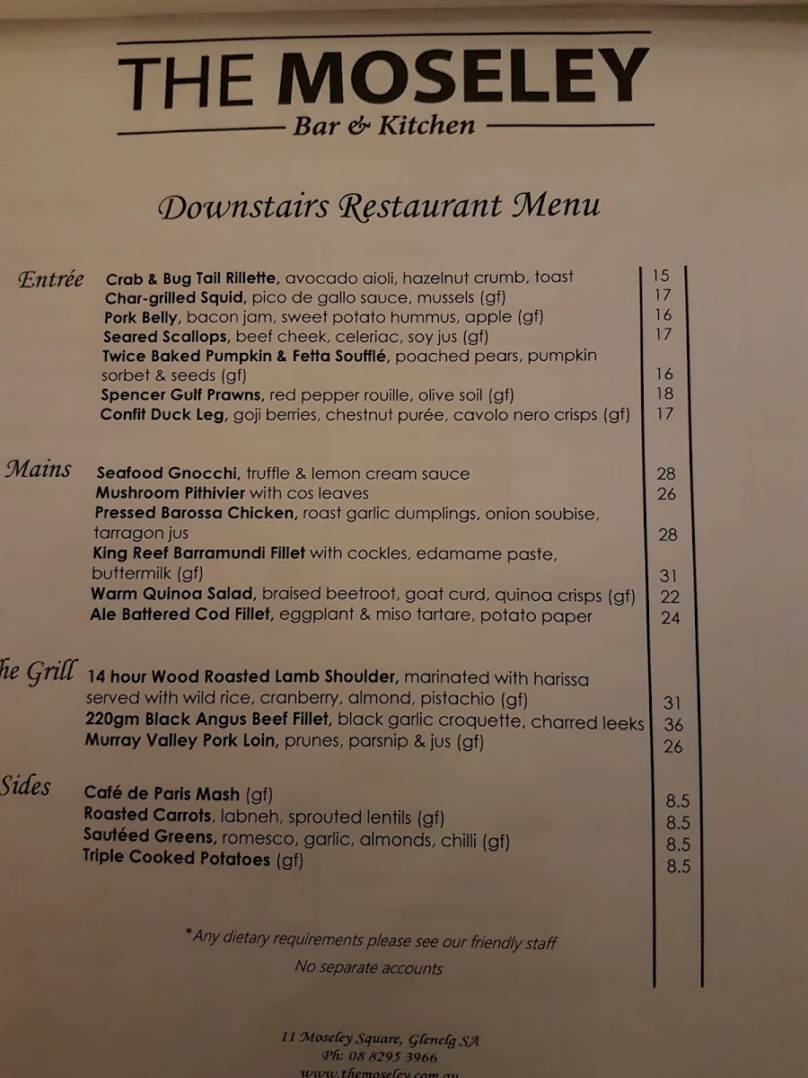 Menu, The Moseley