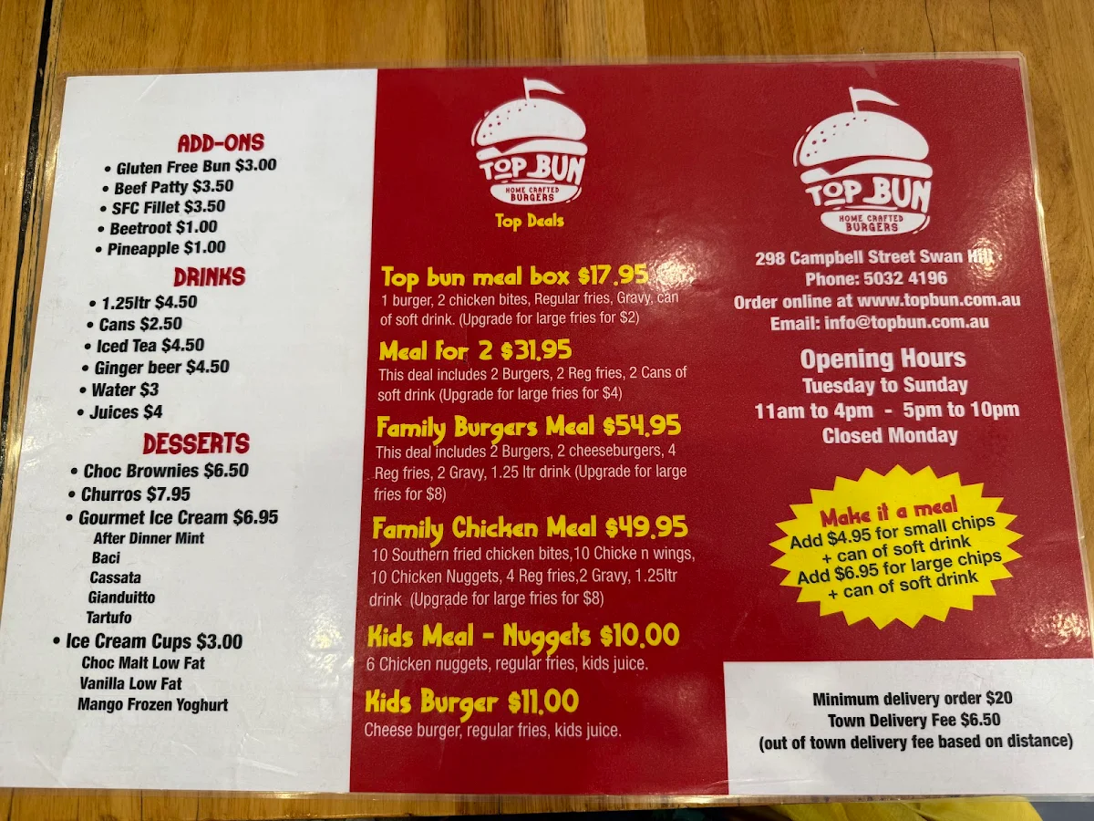 Menu, Top Bun Swan Hill