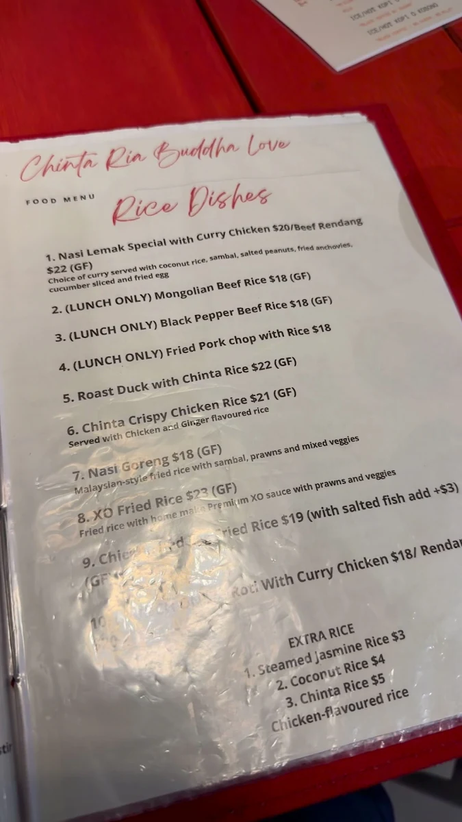 Menu, Chinta Ria... Buddha Love