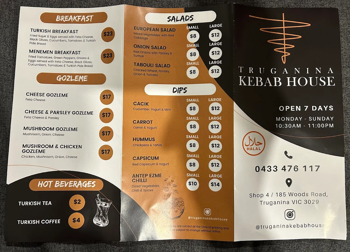 Menu, Truganina Kebab House