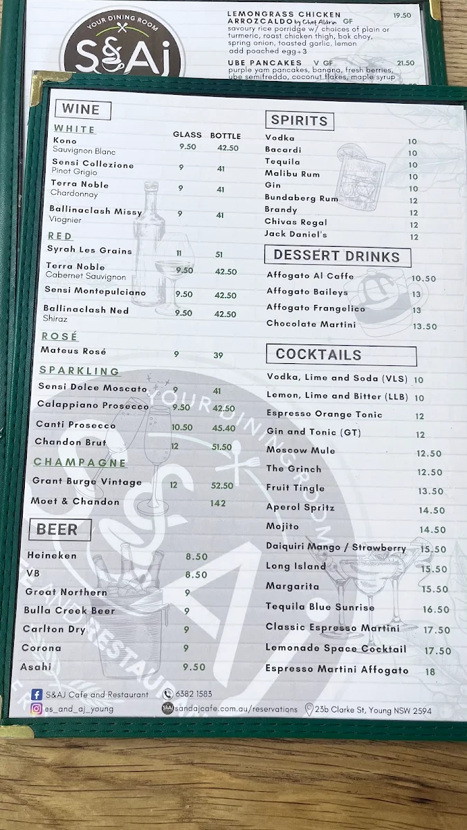 Menu, S&AJ Café and Restaurant