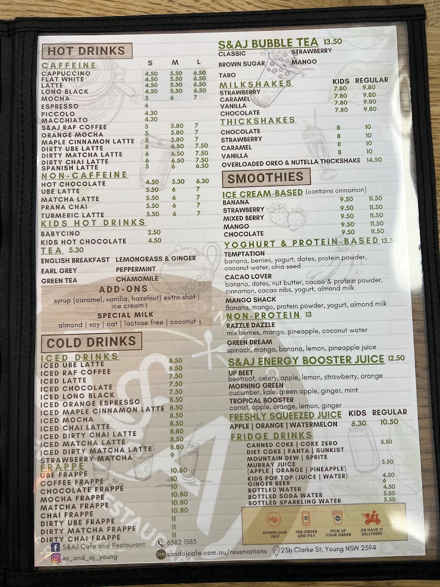 Menu, S&AJ Café and Restaurant