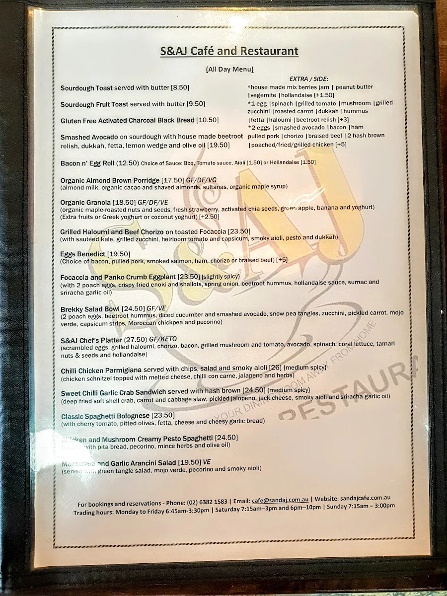Menu, S&AJ Café and Restaurant