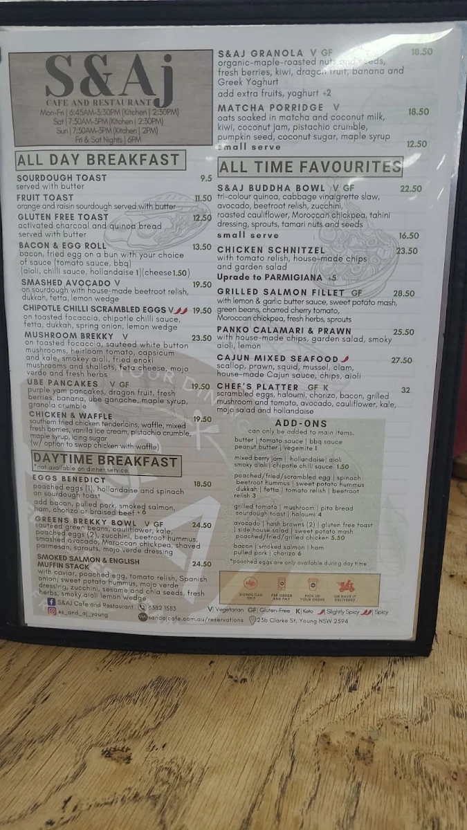 Menu, S&AJ Café and Restaurant