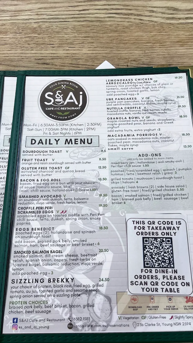 Menu, S&AJ Café and Restaurant