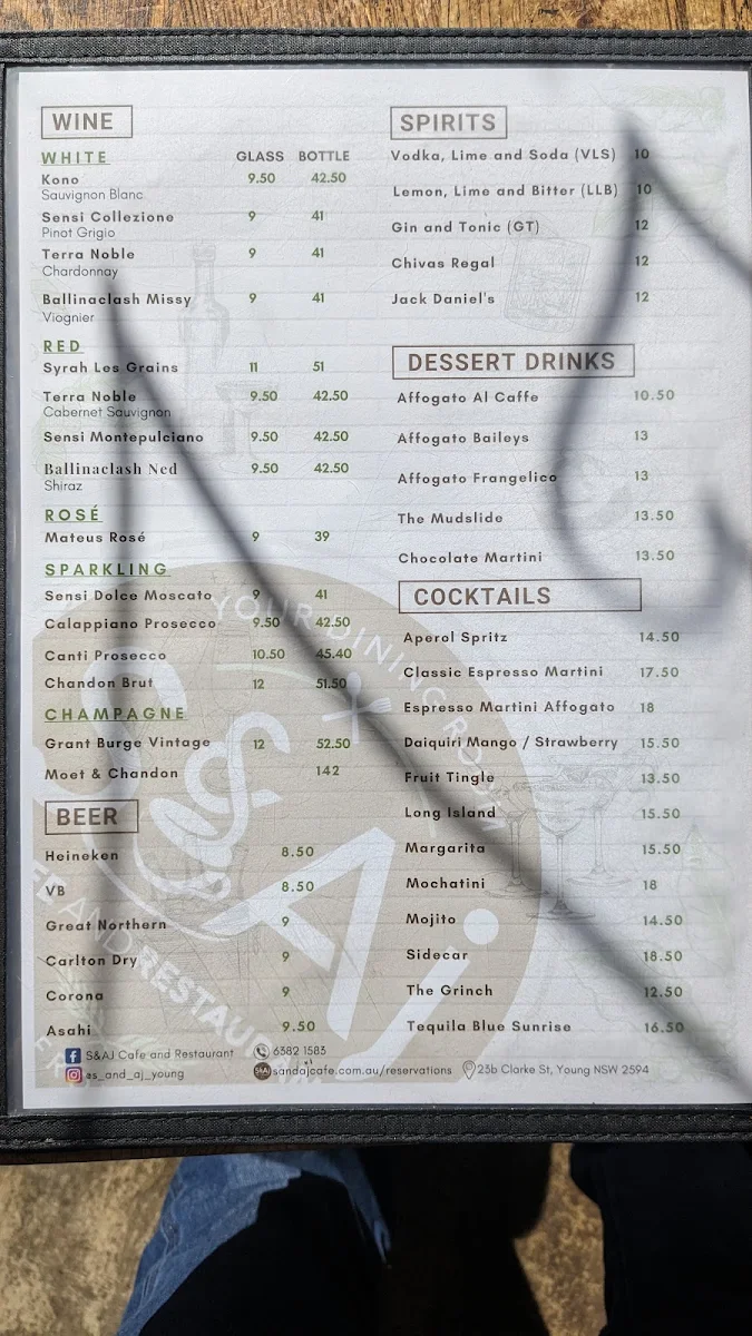 Menu, S&AJ Café and Restaurant