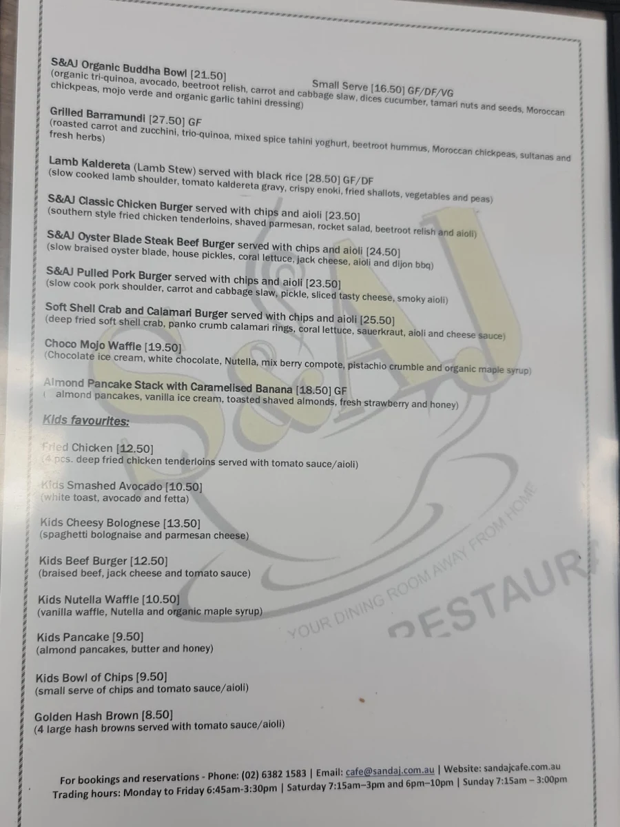 Menu, S&AJ Café and Restaurant