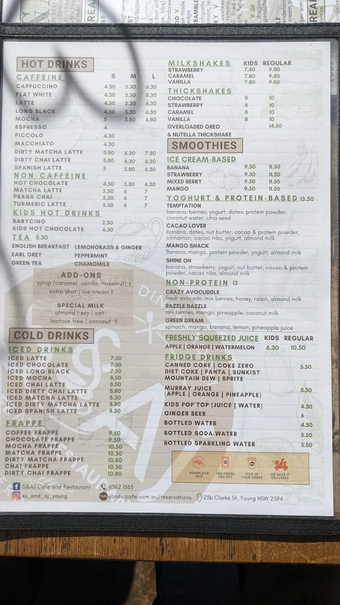 Menu, S&AJ Café and Restaurant