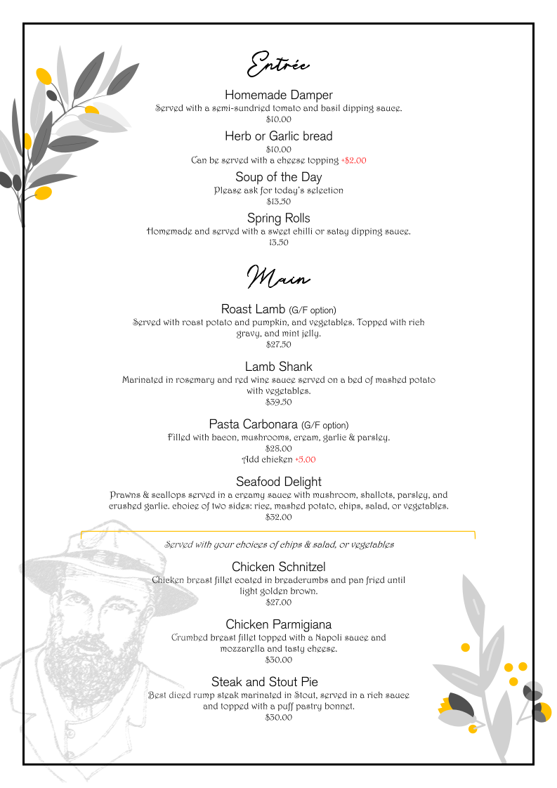 Menu, Settler's Restaurant