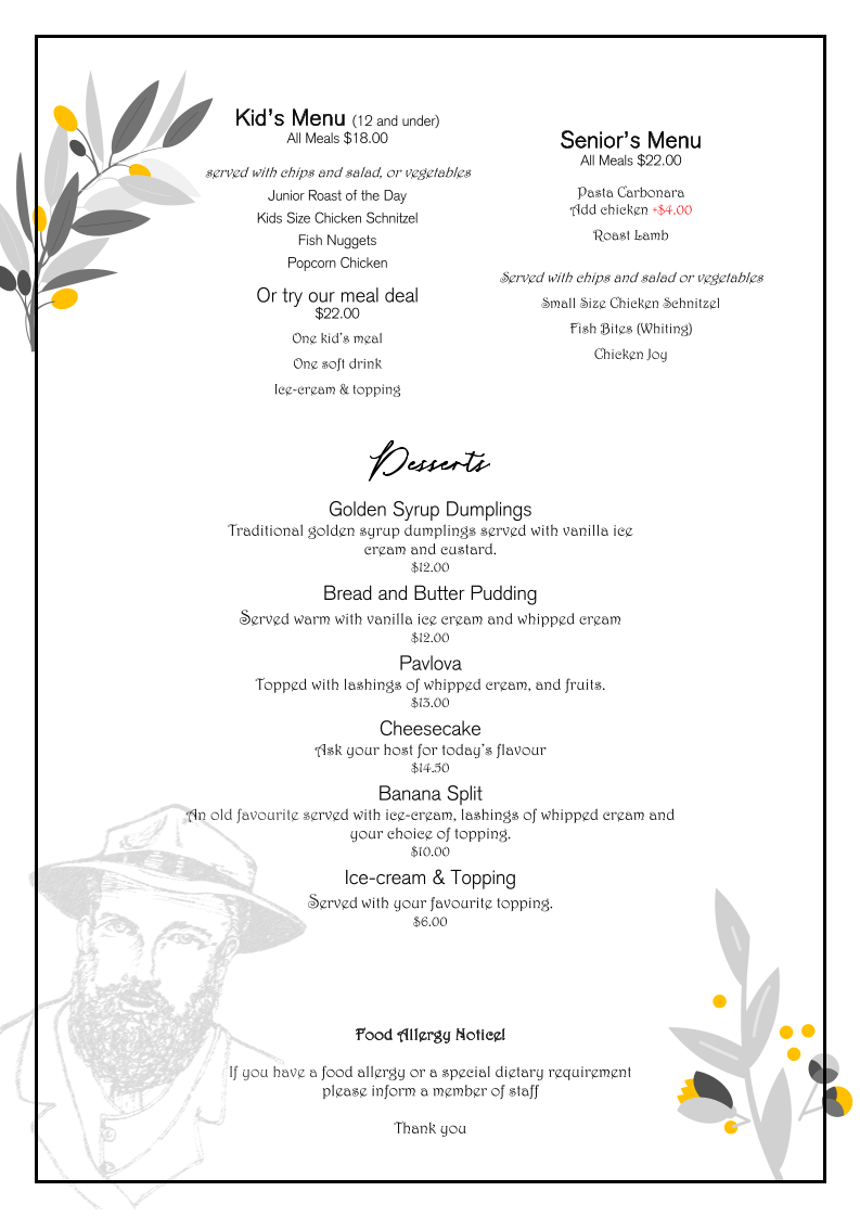 Menu, Settler's Restaurant