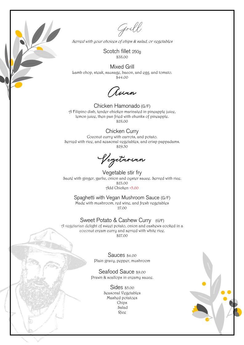 Menu, Settler's Restaurant