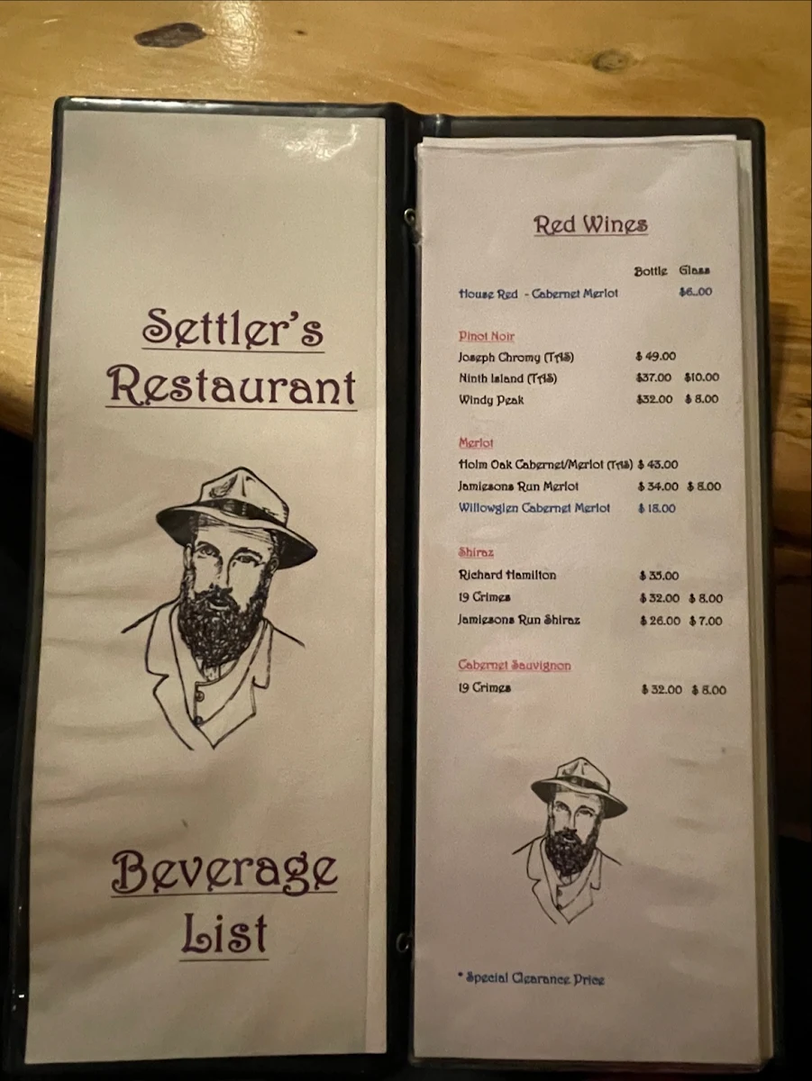 Menu, Settler's Restaurant