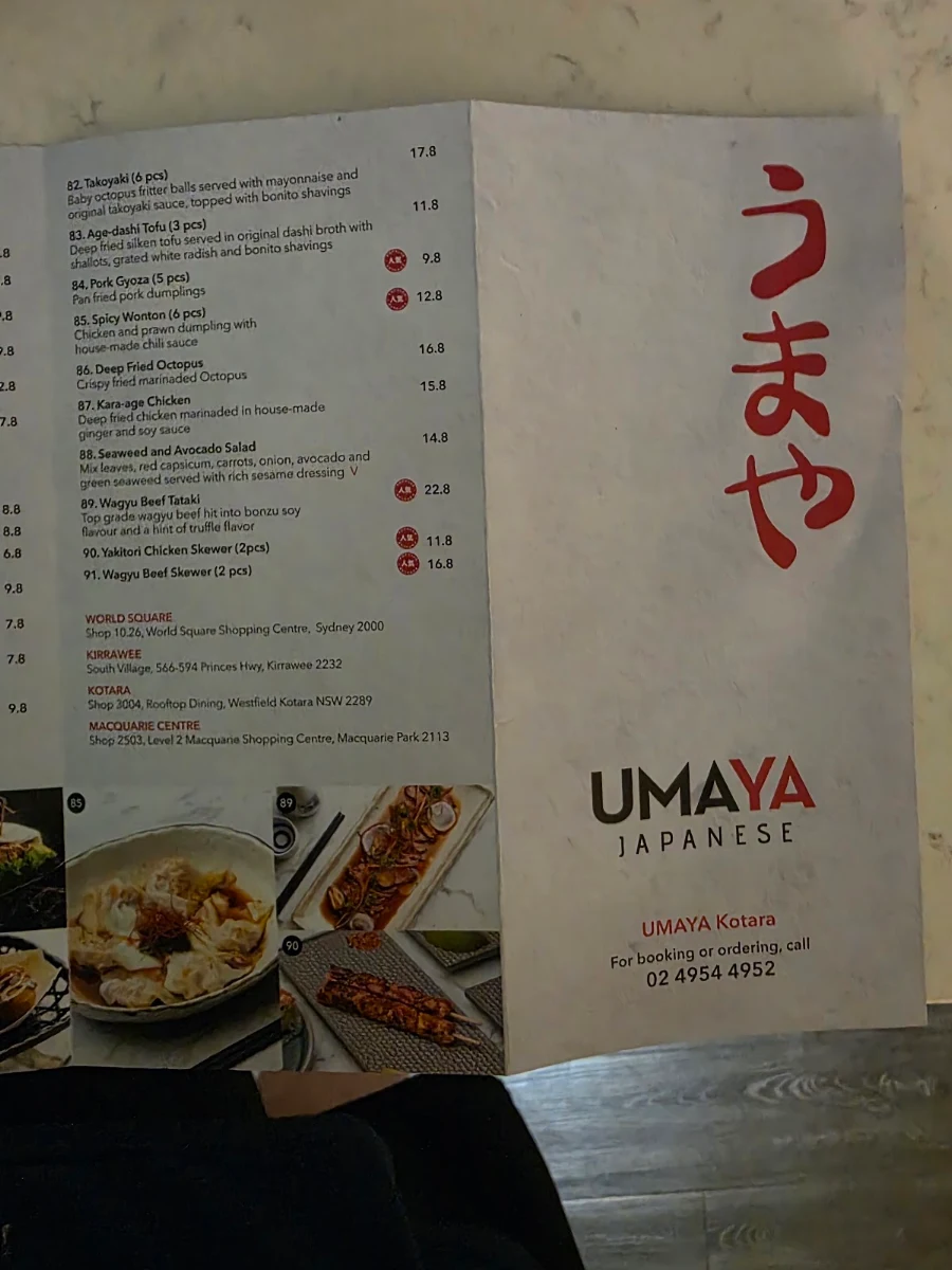Menu, UMAYA KOTARA