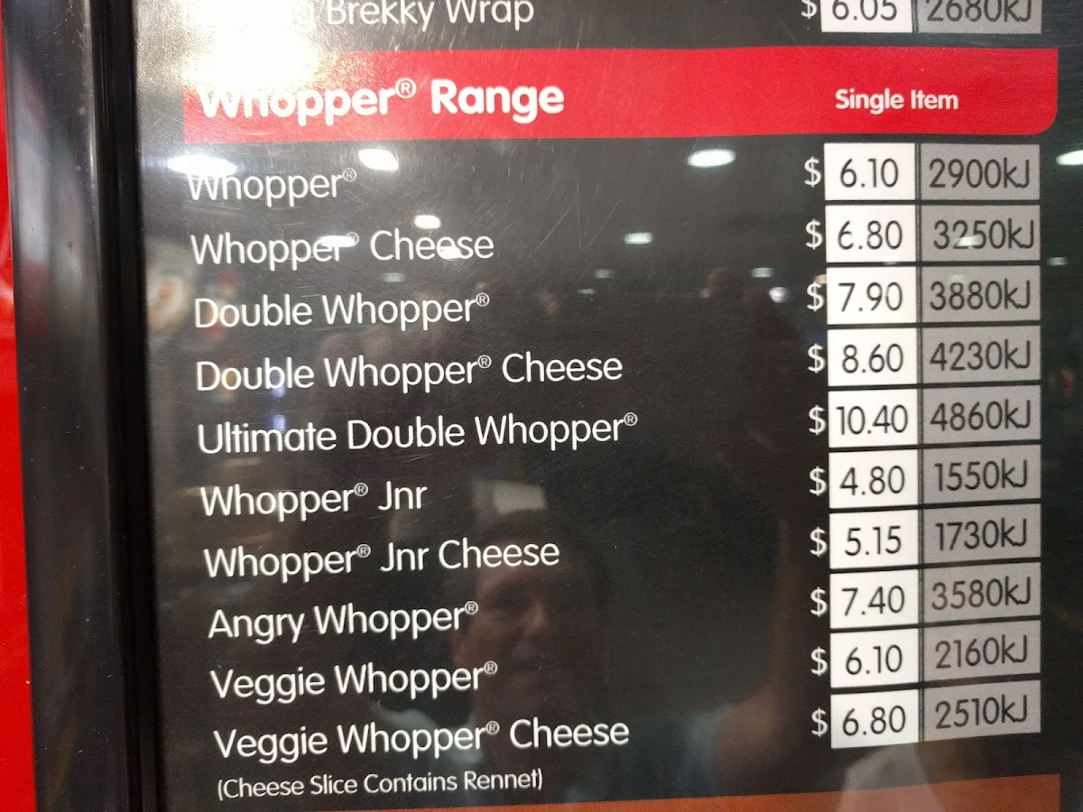 Menu, Hungry Jack's Burgers Rouse Hill