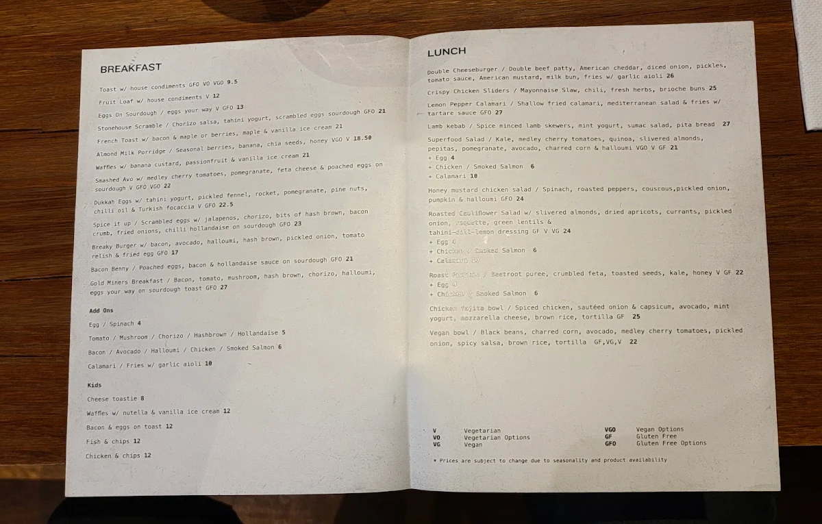 Menu, Warrandyte Stonehouse Cafe
