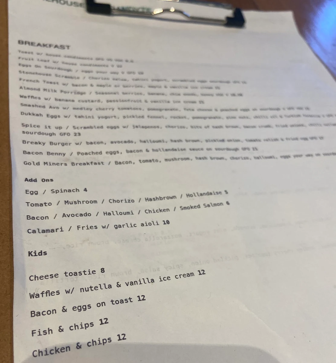 Menu, Warrandyte Stonehouse Cafe