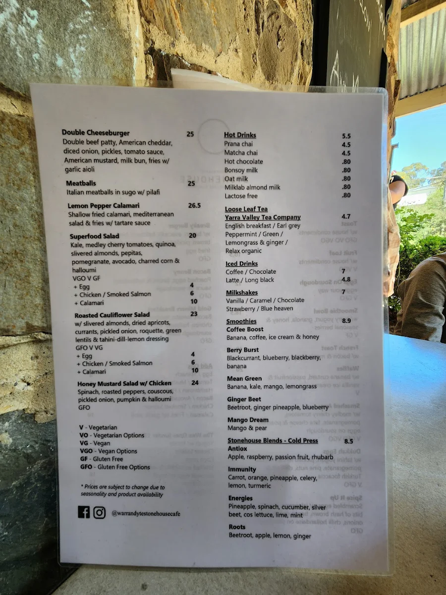 Menu, Warrandyte Stonehouse Cafe