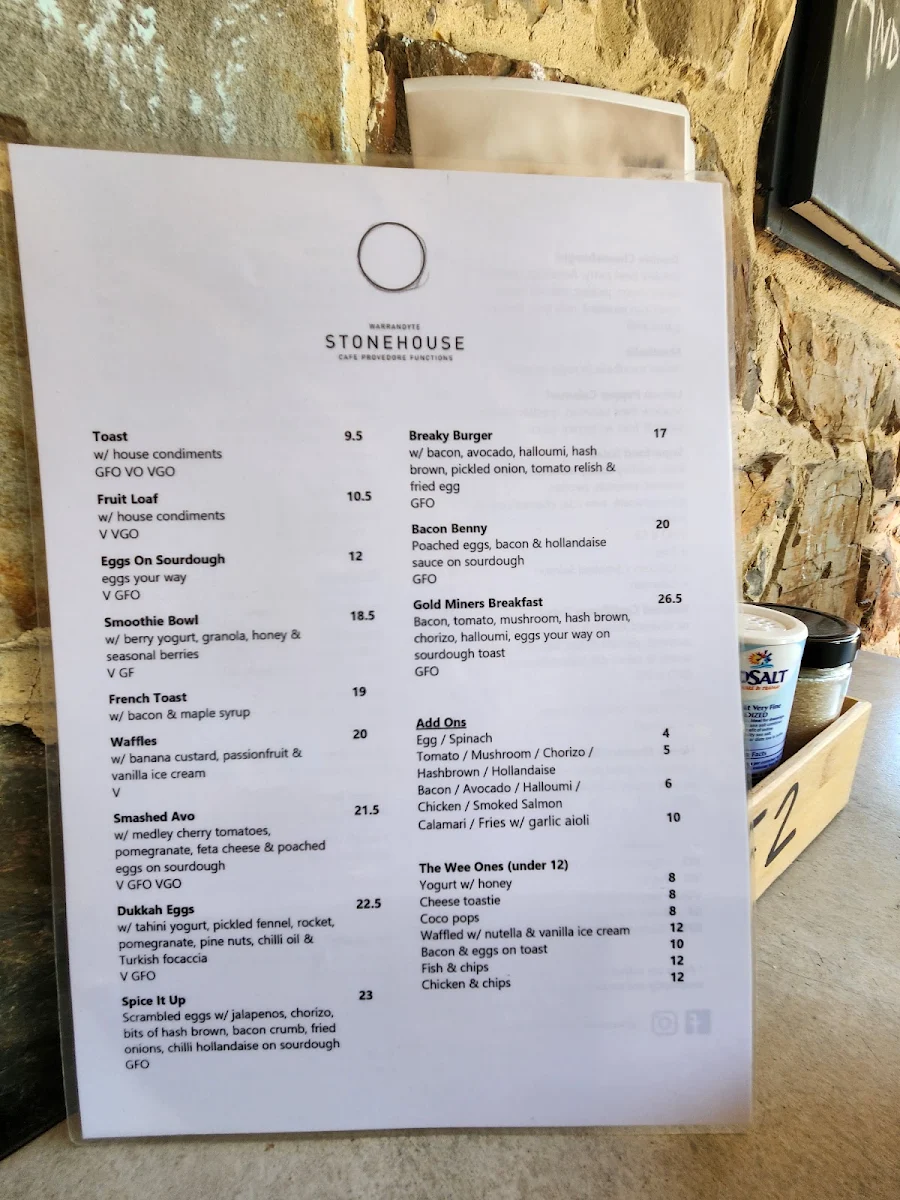 Menu, Warrandyte Stonehouse Cafe