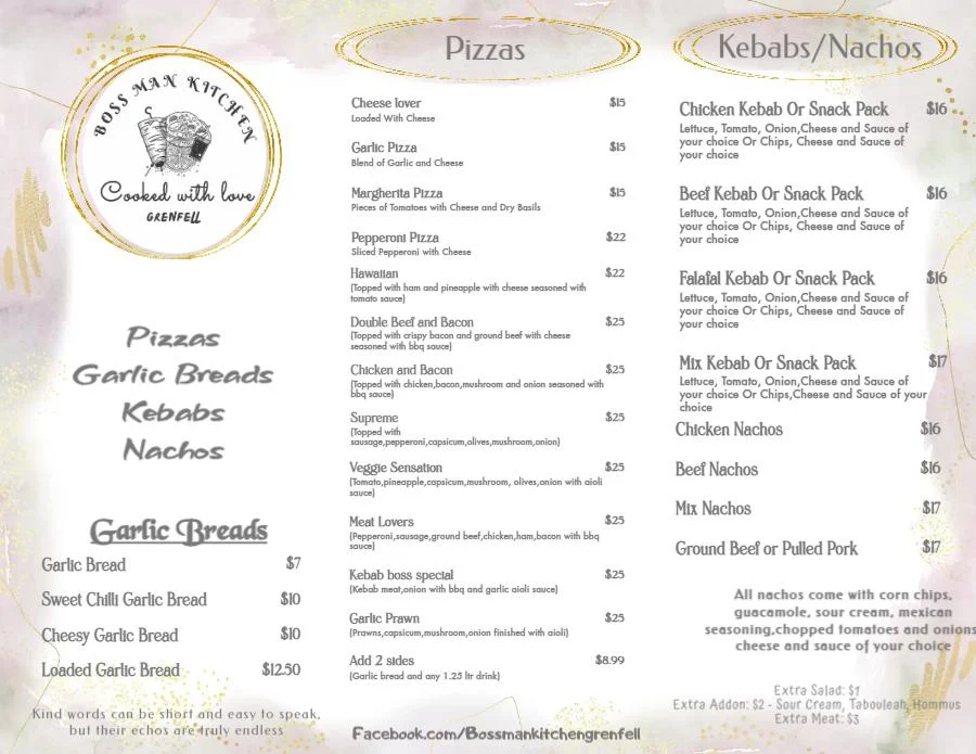 Menu, Boss Man Kitchen