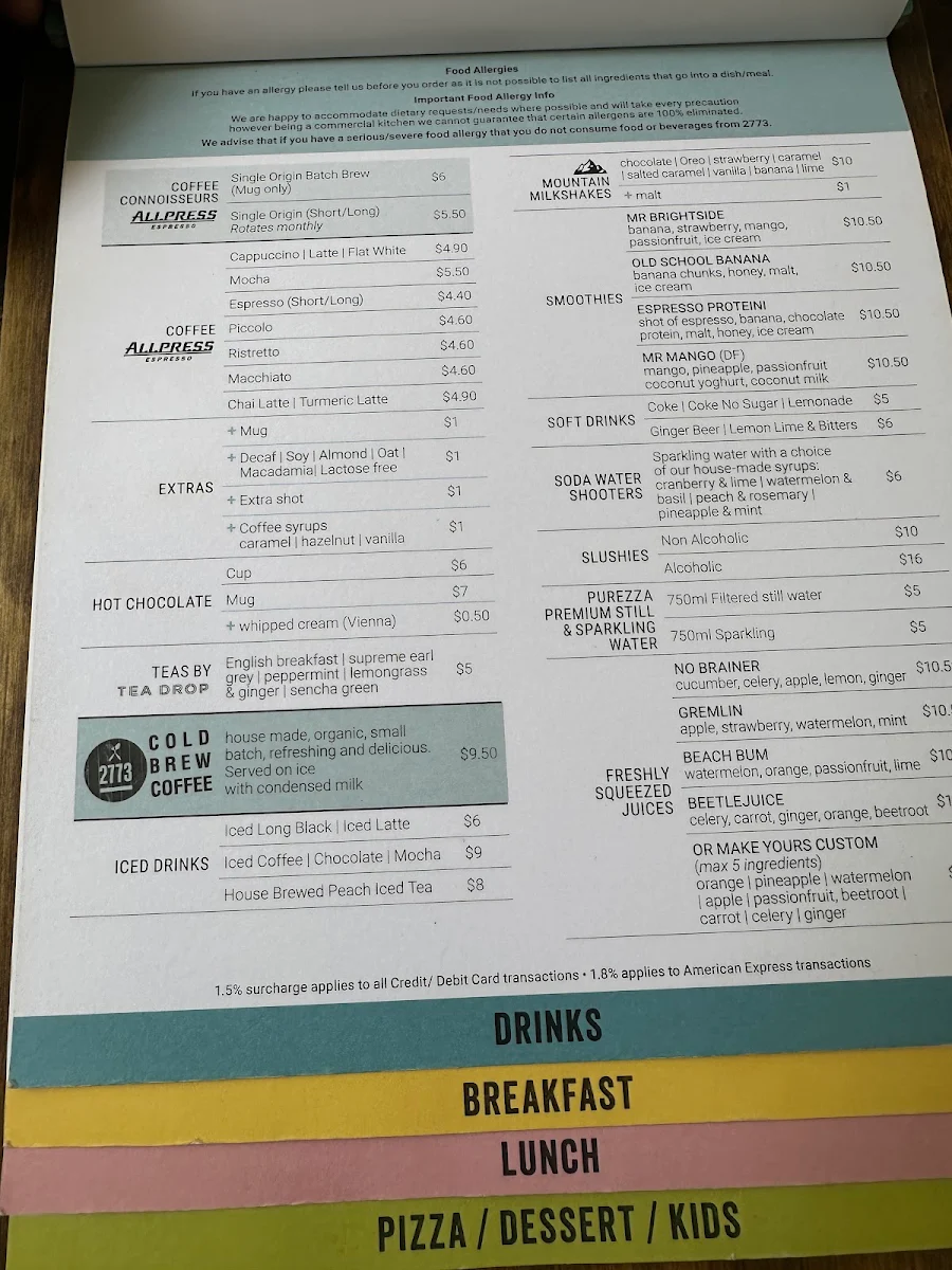 Menu, 2773 Cafe