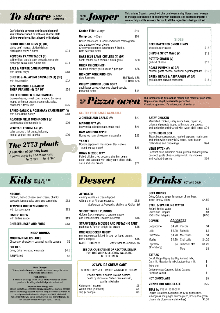 Menu, 2773 Cafe