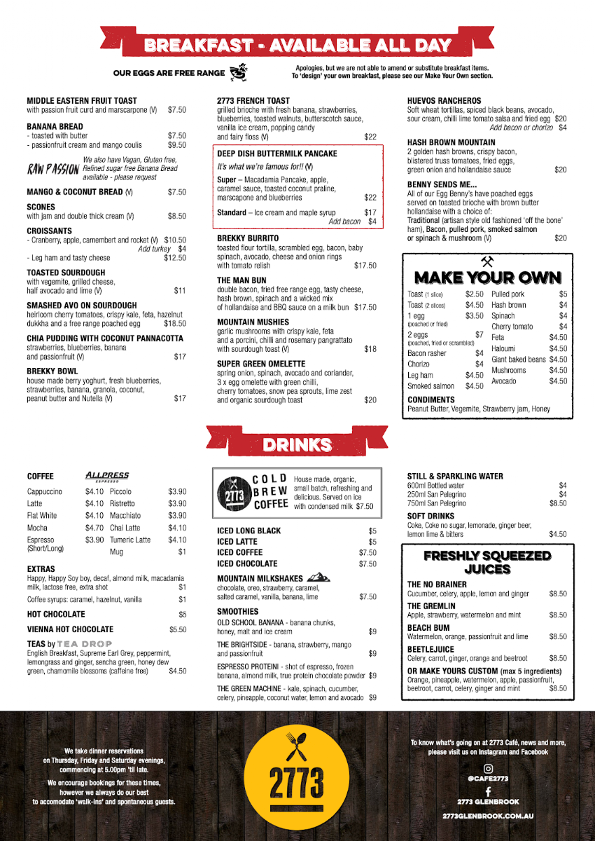 Menu, 2773 Cafe