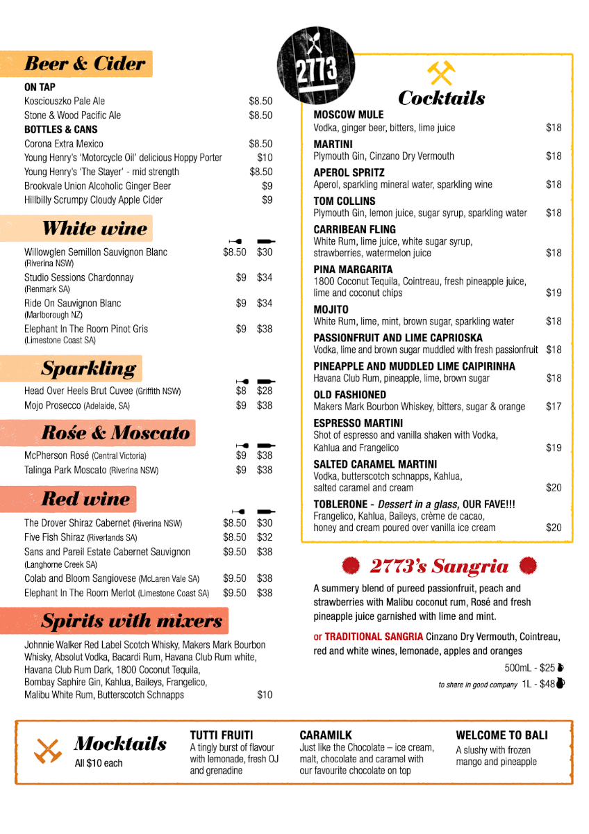 Menu, 2773 Cafe
