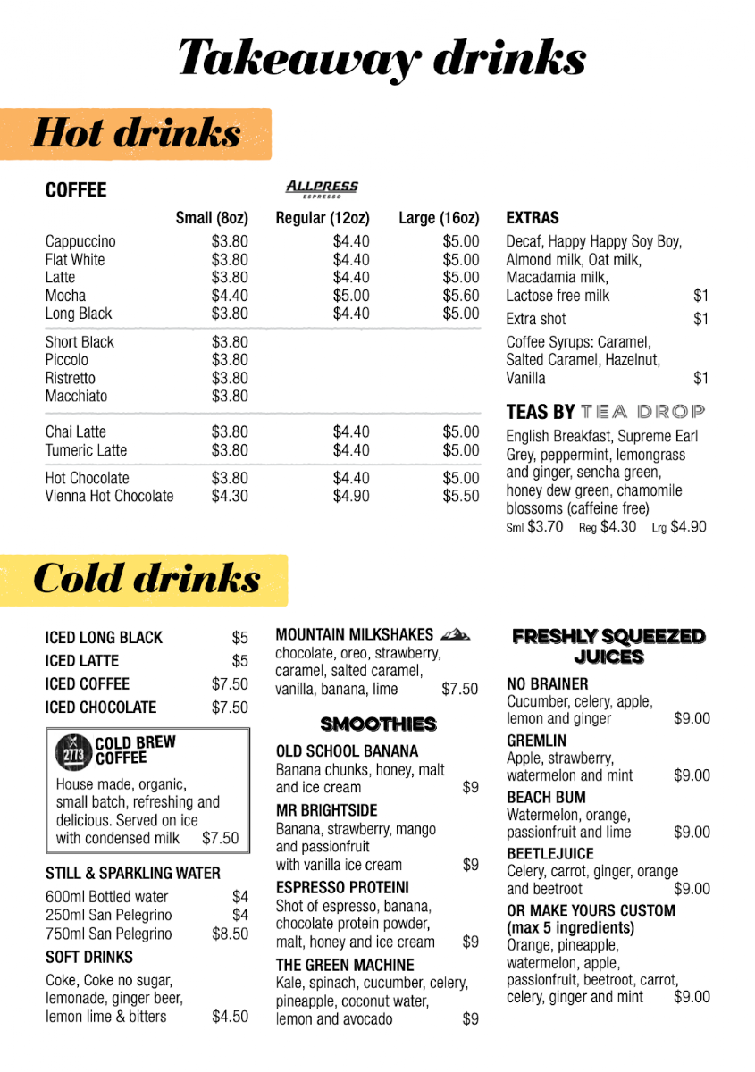 Menu, 2773 Cafe