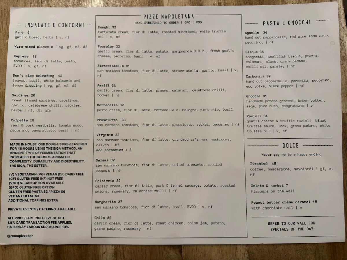 Menu, Romo Pizza Bar