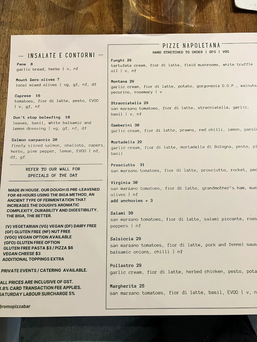 Menu, Romo Pizza Bar