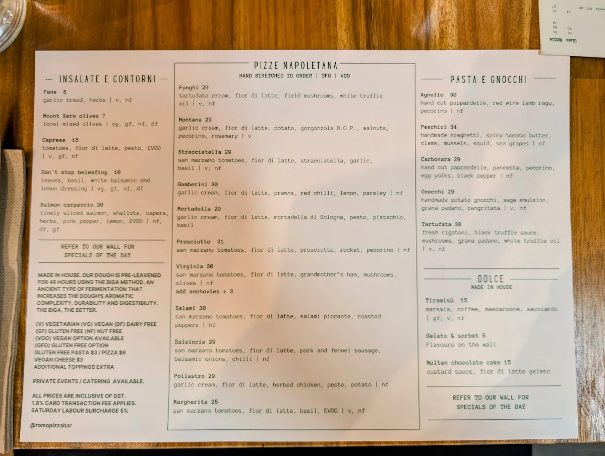 Menu, Romo Pizza Bar