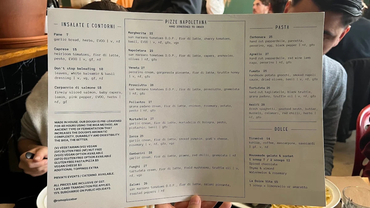 Menu, Romo Pizza Bar