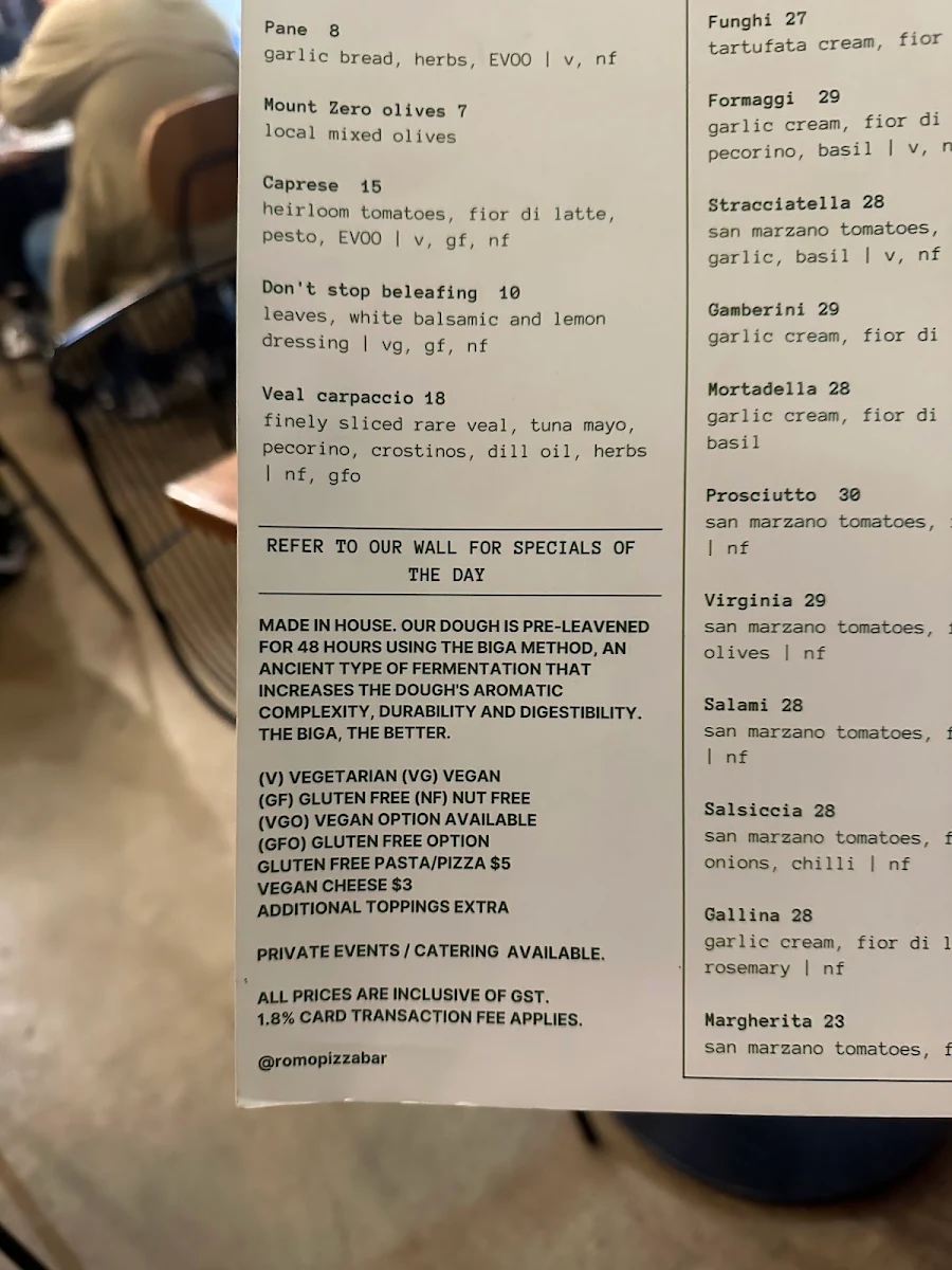 Menu, Romo Pizza Bar