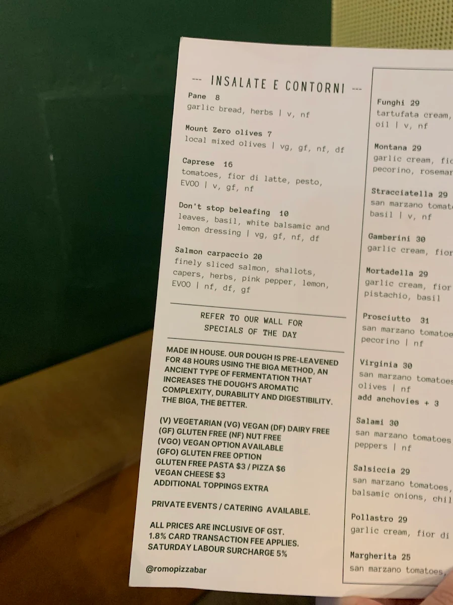 Menu, Romo Pizza Bar