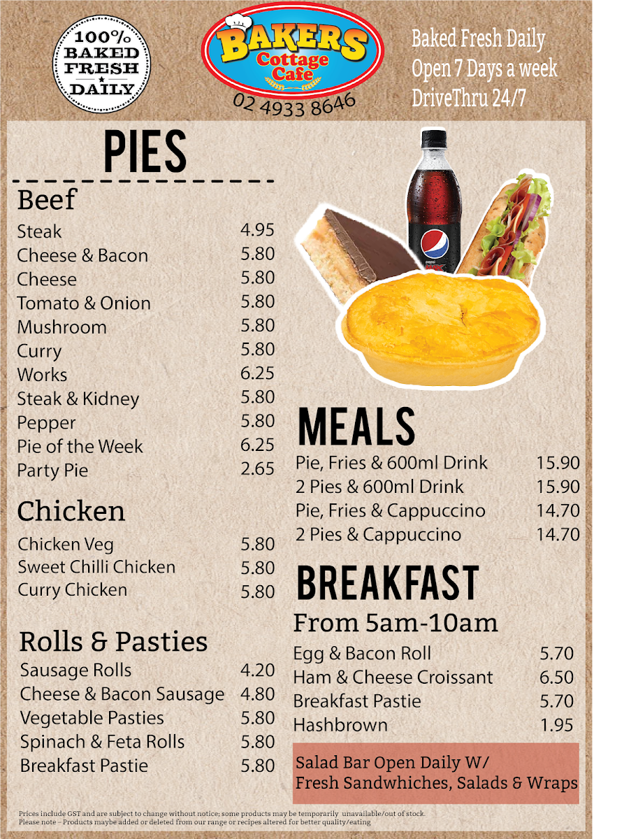Menu, Bakers Of Singleton
