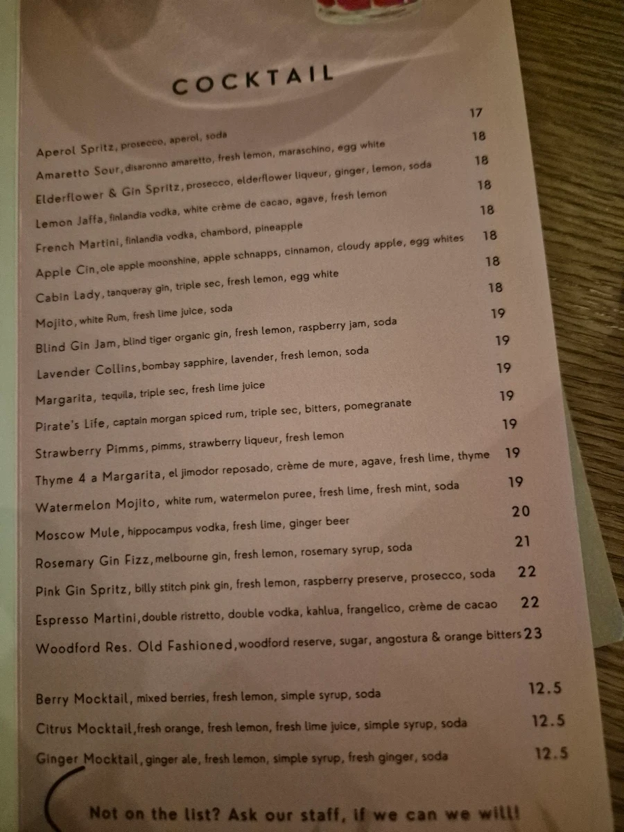 Menu, The Cabin Small Bar