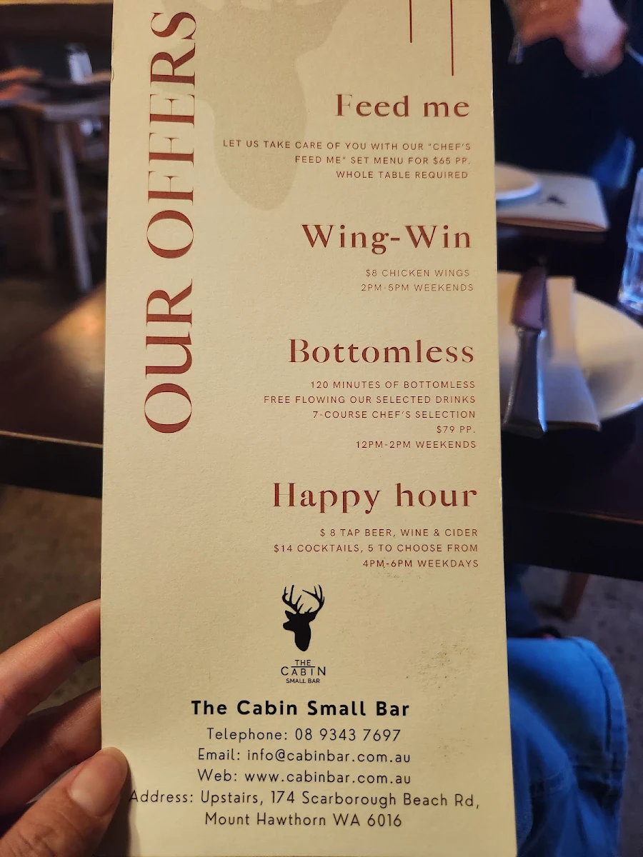 Menu, The Cabin Small Bar