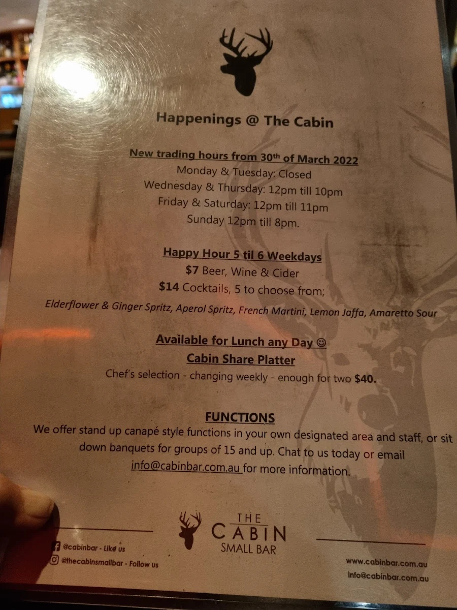Menu, The Cabin Small Bar