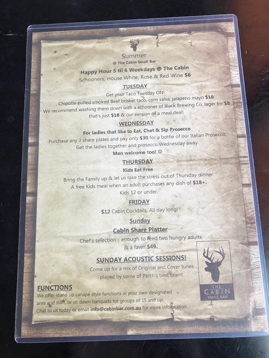 Menu, The Cabin Small Bar
